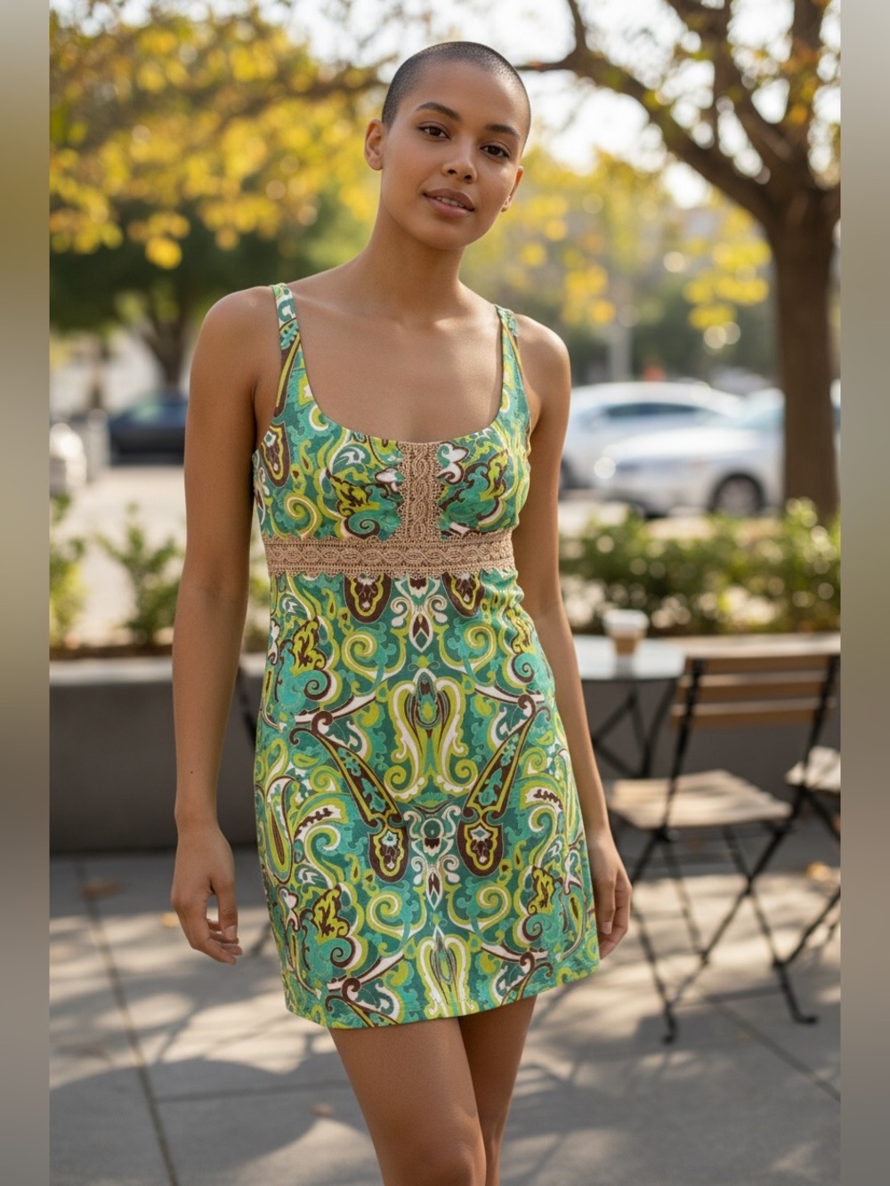 MILLY An Original Vintage Paisley Pring Green Mini Dress Metallic Gold Lace 8